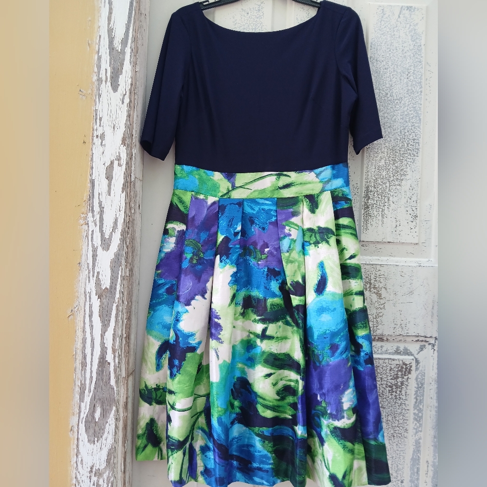 Floral Fit and Flare Dress Blue and Green